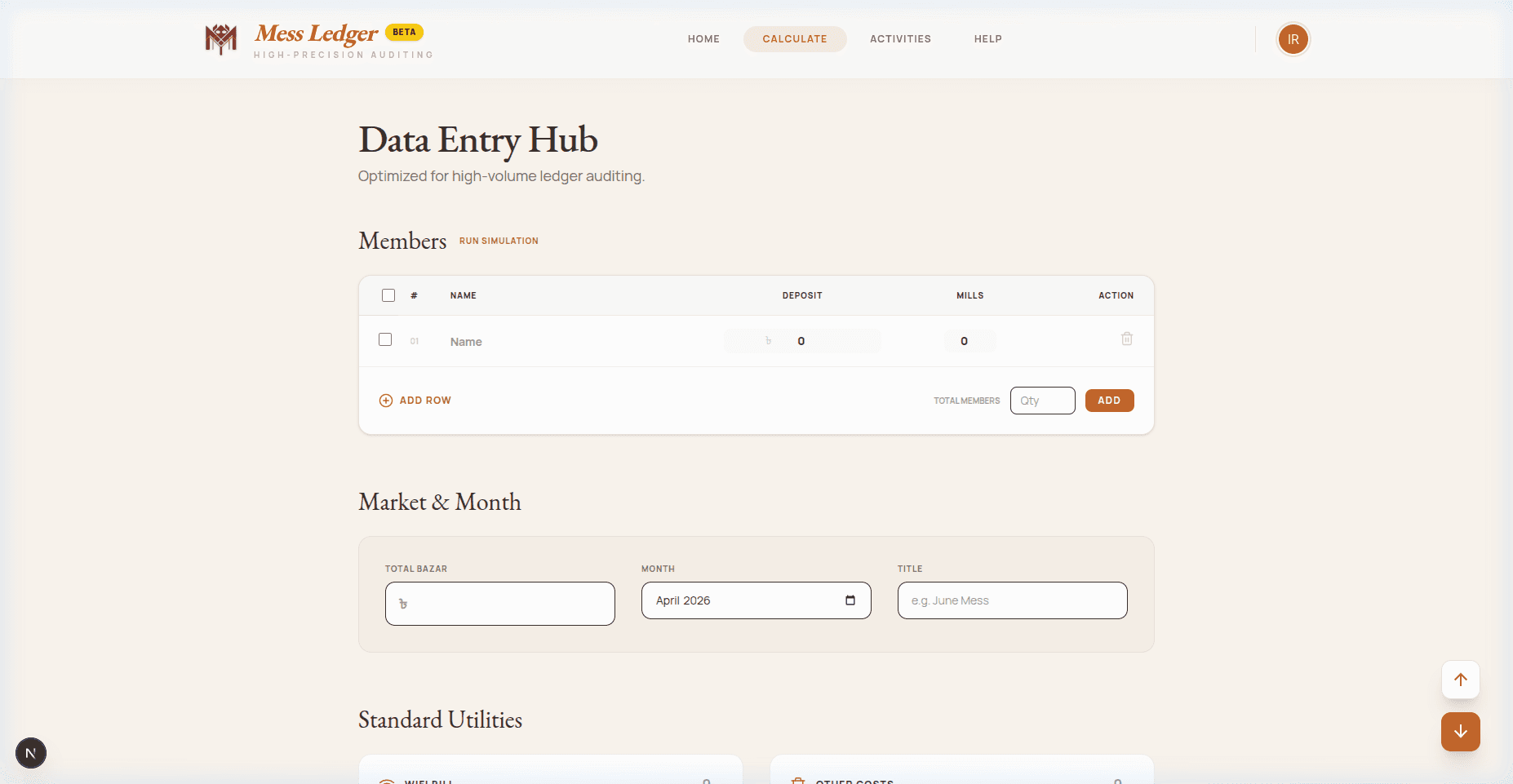 Mess Ledger Calculate / Data Entry Hub