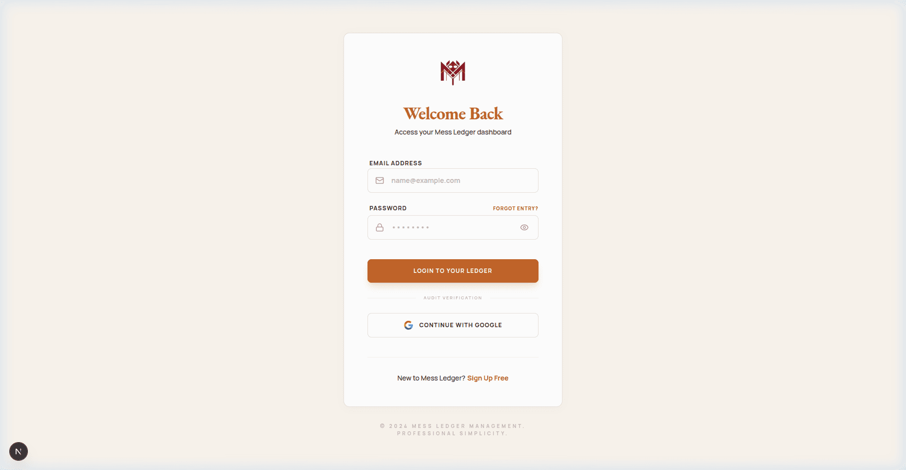 Mess Ledger Login Page