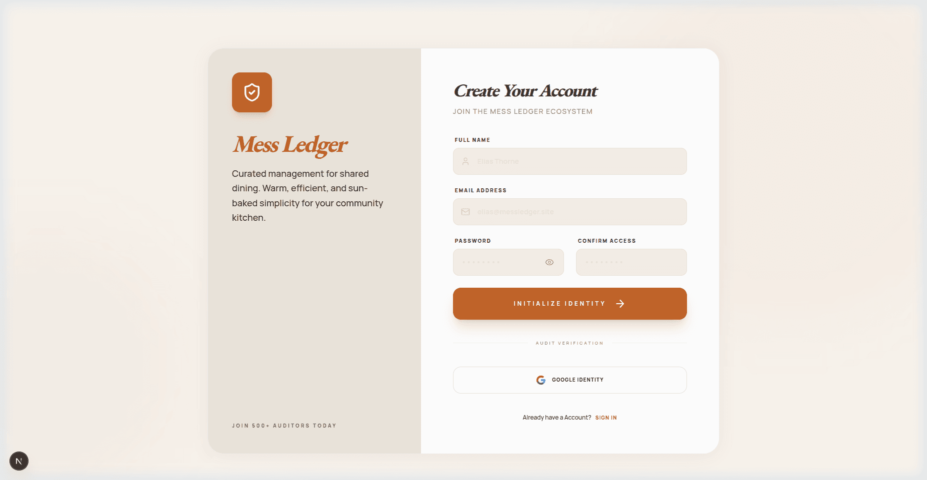 Mess Ledger Register Page